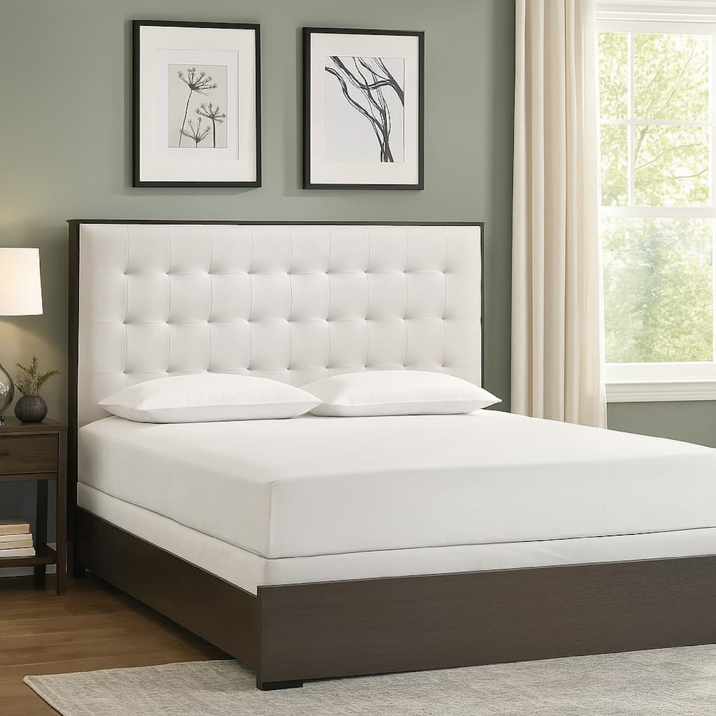 Hez King Size Bed, Tufted Cream White Headboard Upholstery, Dark Brown