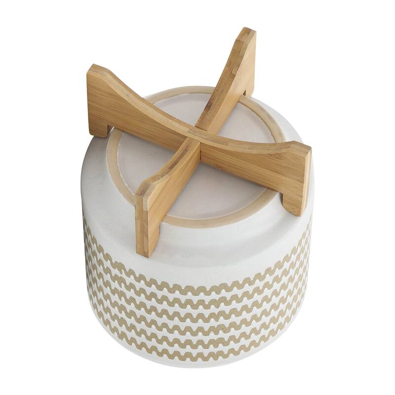 White and Tan Ceramic Handmade Planter with Natural Wood Stand