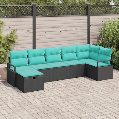 vidaXL 7/8 Piece Garden Sofa Set with Cushions Black Poly Rattan - 113×48×27.2