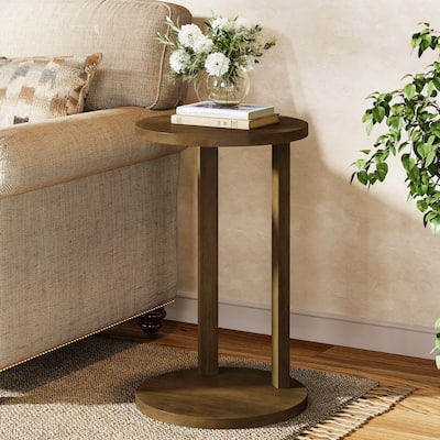Round End Table, Farmhouse 2-Tier Side Table with Solid Wood Legs