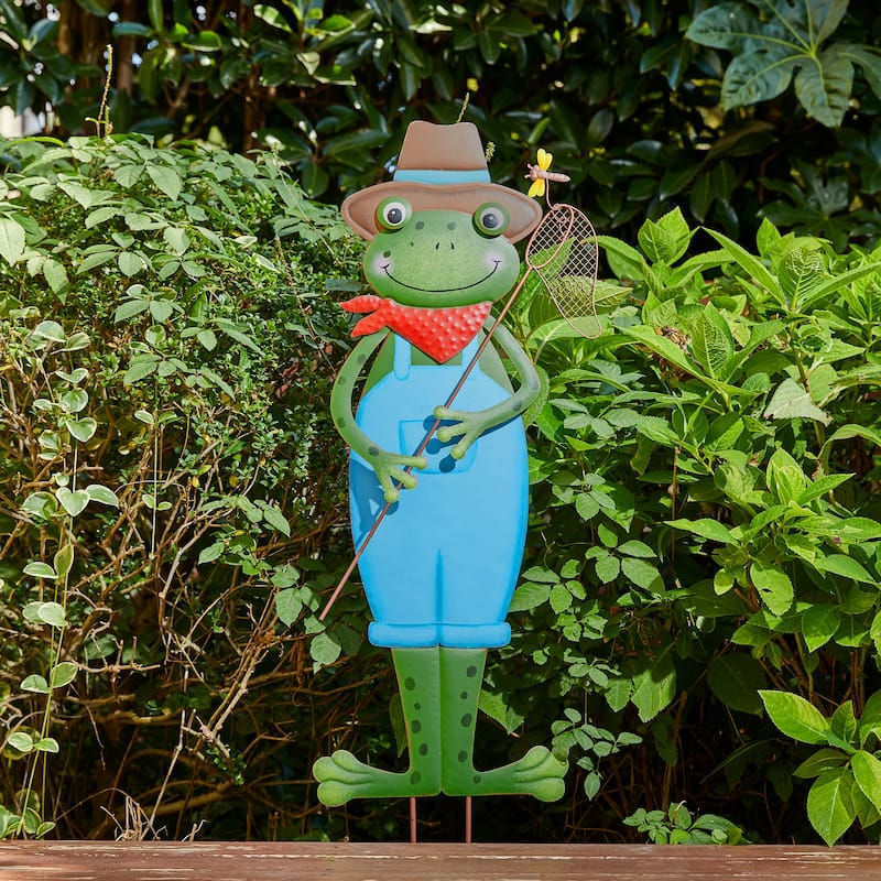 Glitzhome Metal/Wood Frog Stacked Mushroom Welcome Sign Yard Stakes Garden Wall Decor