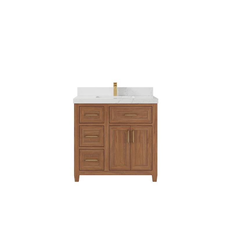 Willow Collections 36 in. W x 22 in. D Santa Monica Teak Bathroom Vanity Center with Countertop - 2”Empira White - Dark Natural Teak