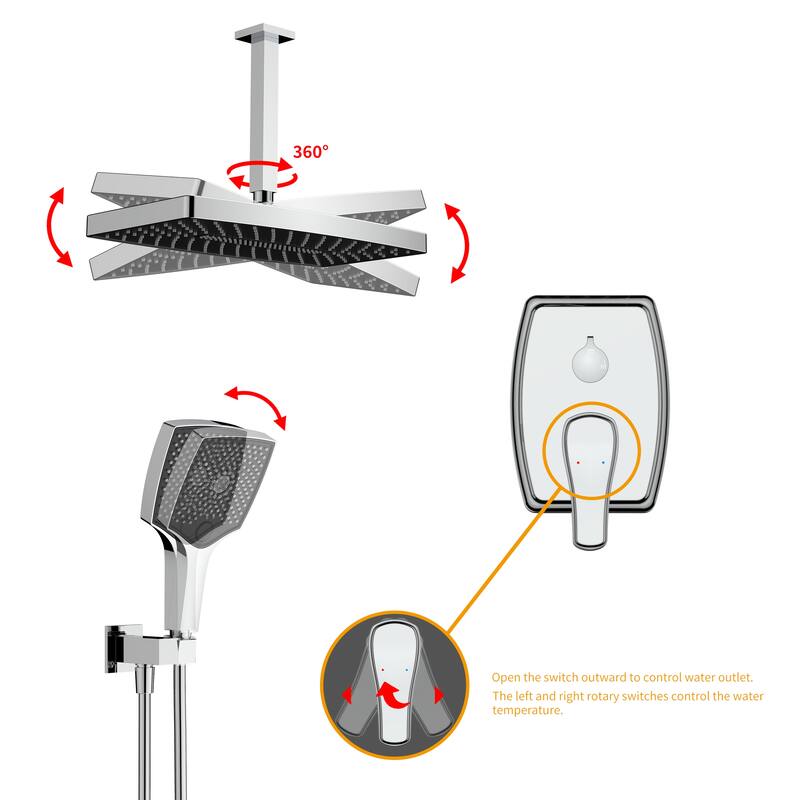 GIVINGTREE Single Handle 3 Spray 14 In.rectangular Ceiling Mounted Shower Faucet With Valve