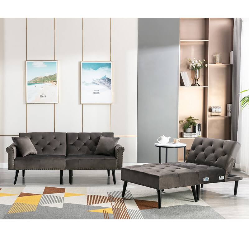 Convertible Velvet Sofa Couch, Sectional Sofa with Ottoman, Mid-Century Futon Sofa Bed - 32"D x 100.7"W x 29.9"H