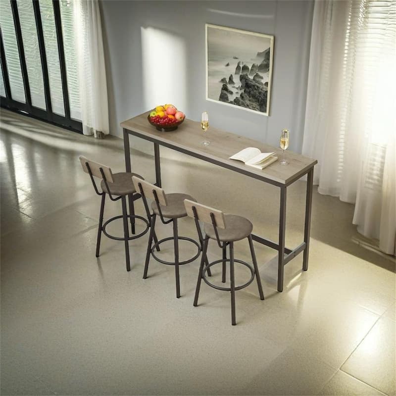 Long Bar Table Set with 3 PU Upholstered Bar Stools