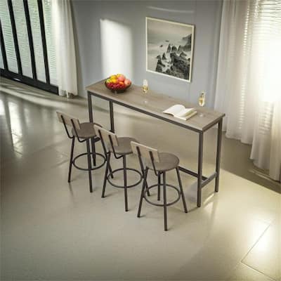 Long Bar Table Set with 3 PU Upholstered Bar Stools