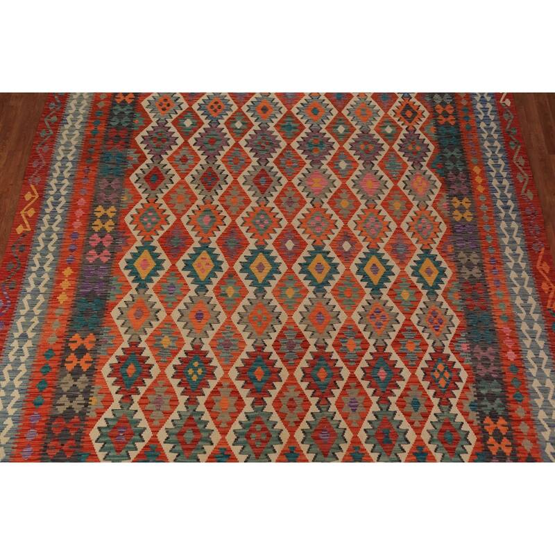 Geometric Kilim Oriental Large Rug Hand-Woven Southwestern Wool Carpet - 10'2"x 16'1"