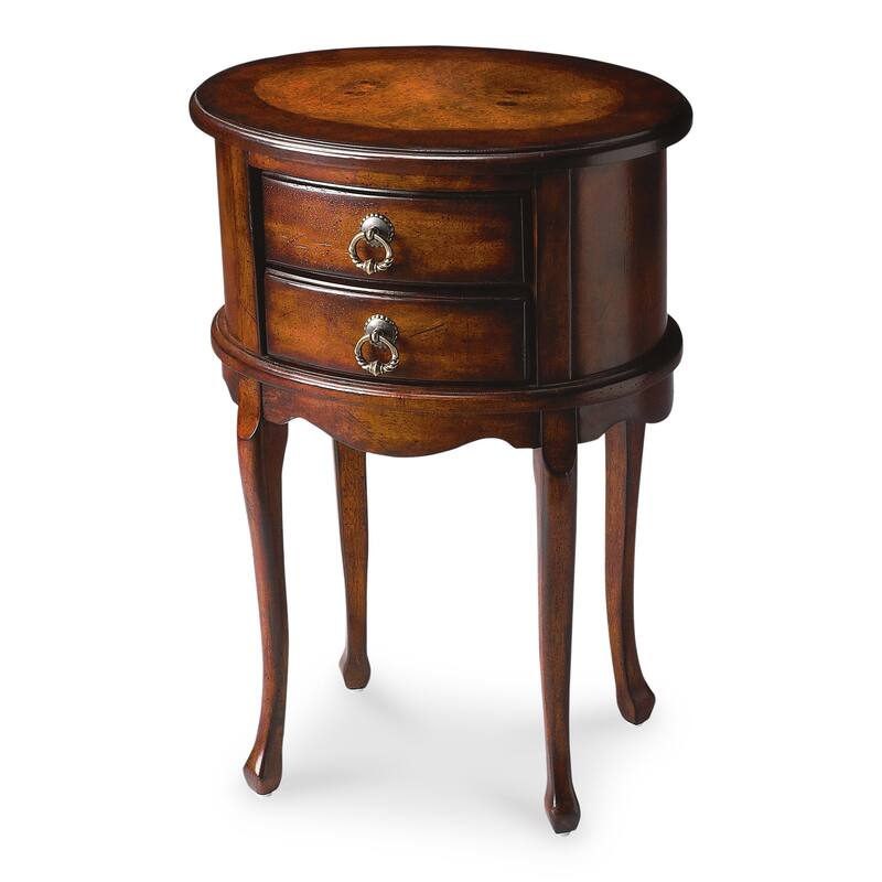 HomeRoots 26" Dark Brown And Cherry Manufactured Wood Oval End Table With Two Drawers - 18