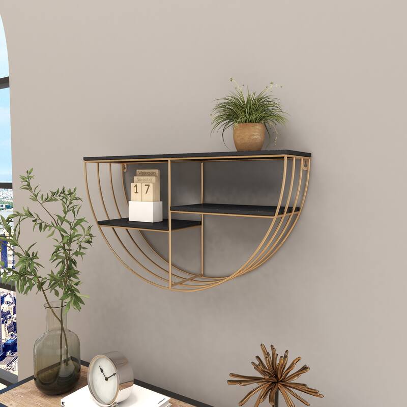 Gold Wooden 3 Shelves Wall Shelf with Half Moon Shape