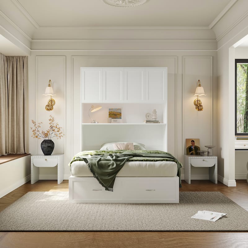 Full Size Storage Bed with Cabinet Convertible Pull Out Platform Bed with Power Outlets