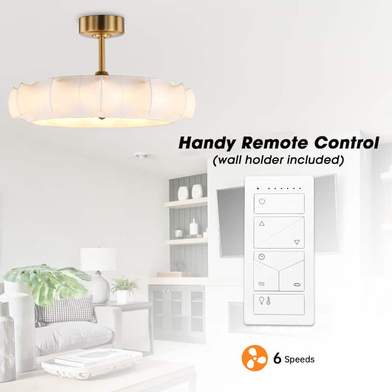 Perimost 29.6" Farmhouse White Silk Fabric 3-blade Fandelier Bladeless Ceiling Fan with Light and Remote