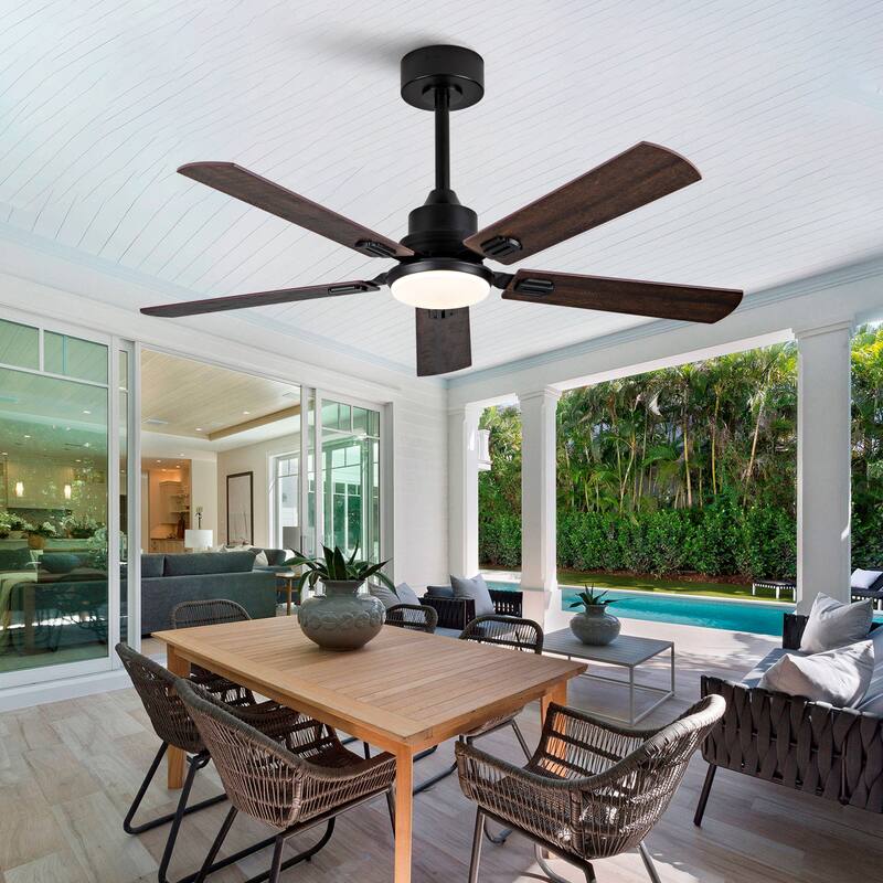 Smart 52" Indoor/Outdoor Ceiling Fan with Light, Dual Finish Black/Walnut 6-Blade, Remote & APP Control, Dimmable LED