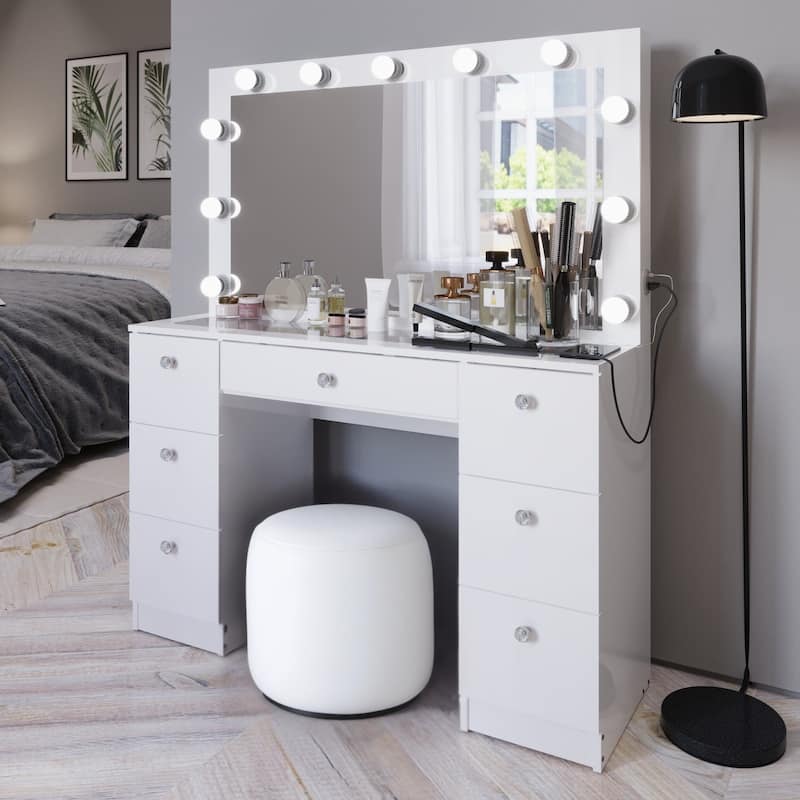 Boahaus Vanity Desk Glass Top with 7 Drawers & Lights Crystal knobs