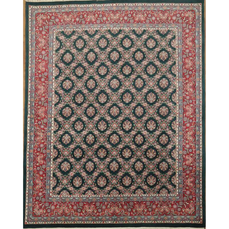 Hand Knotted Oriental 100% Wool Carpet Traditional All-Over Green Kashan Area Rug - 9' 11'' X 7' 11''