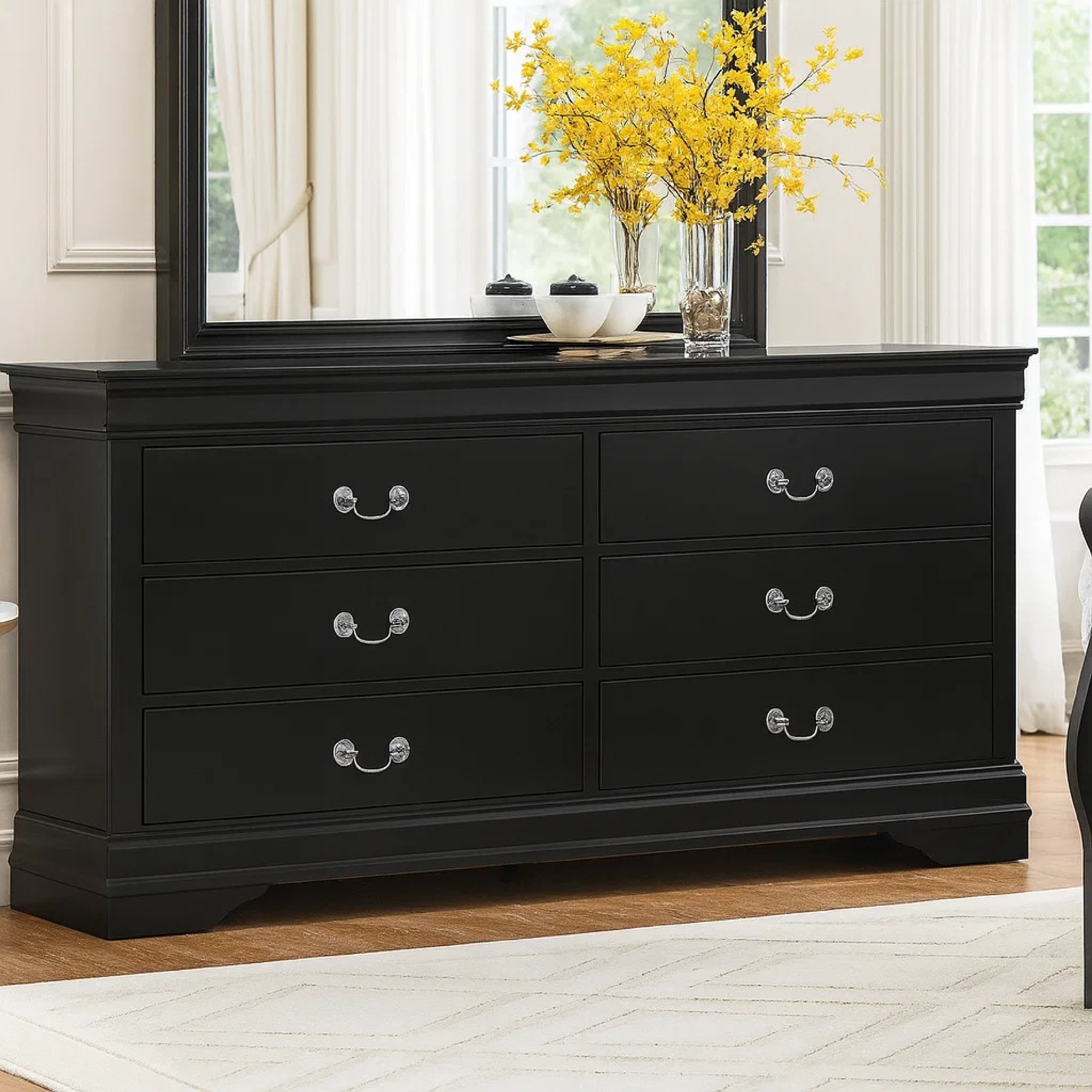 contemporary black dresser 6 Drawer Wooden In Style, this contemporary dresser and mirror combo feature a slick black lacquer finish and shiny chrome block feet Ashbourne Black 6 Drawer Dresser