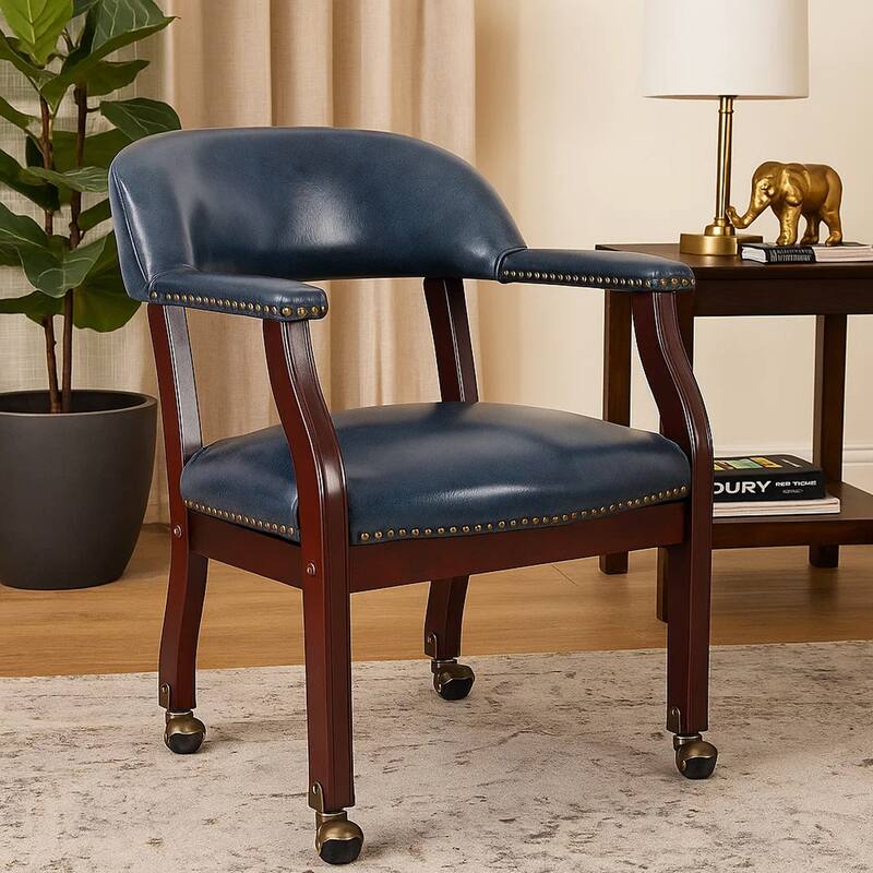 Anna Captain Chair, Brass Rivet Trim, Hooded Caster Wheels, Blue Vinyl