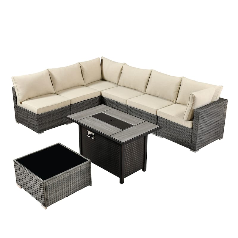 HOOOWOOO 8-piece Grey Wicker Patio Furniture Set Sectional Sofa with Fire Pit Table