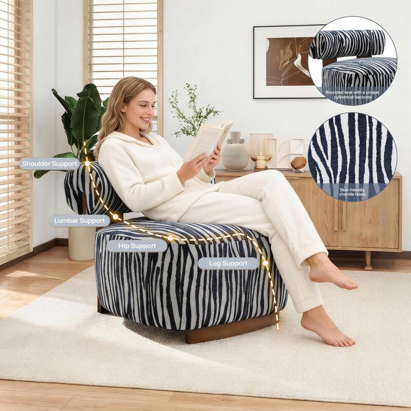 Rossetta Zebra-Striped Chenille Fabic Low Cylindrical Backrest Armchair with High-Quality Foam Cushion