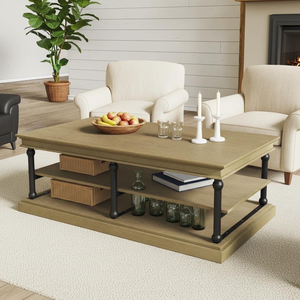 3-Tier Wood Coffee Table with Black Turned Legs & Dual Open Shelves by Harper&Bright Designs