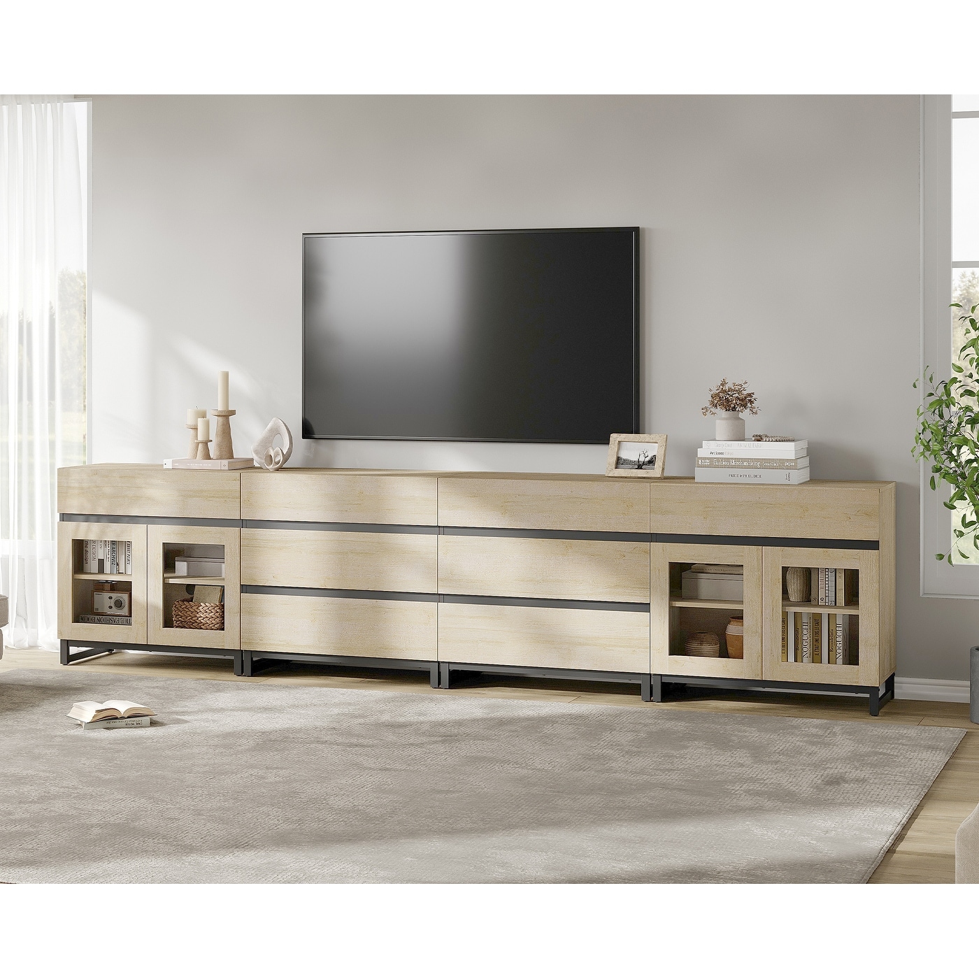 4-in-1 TV Stand for 120" TVs, Modern Console with Glass Doors & 8 Drawers