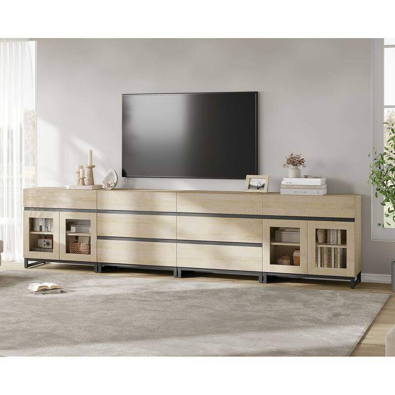 4-in-1 TV Stand for 120" TVs, Modern Console with Glass Doors & 8 Drawers - 126 inches - Beige