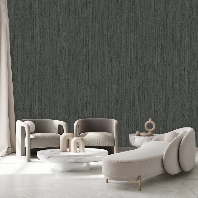 Modern Gray Silver Faux Fabric Dimensional Stria Lines, Charcoal Interior Accent - Double Roll