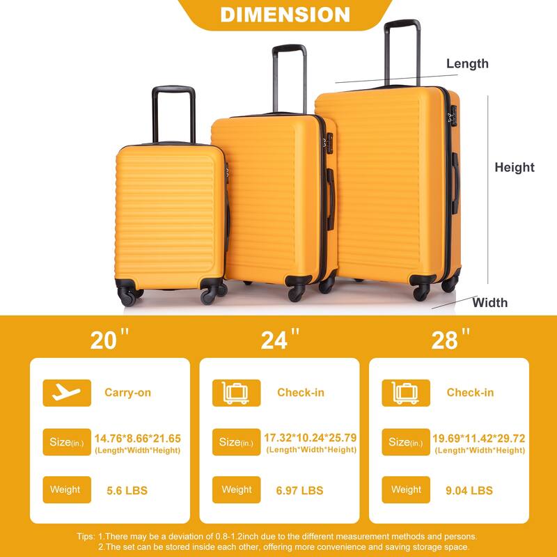 3 Piece ABS Hardside Luggage Sets Spinner Wheels Suitcase with Two Hooks and TSA Lock & Telescoping Handle