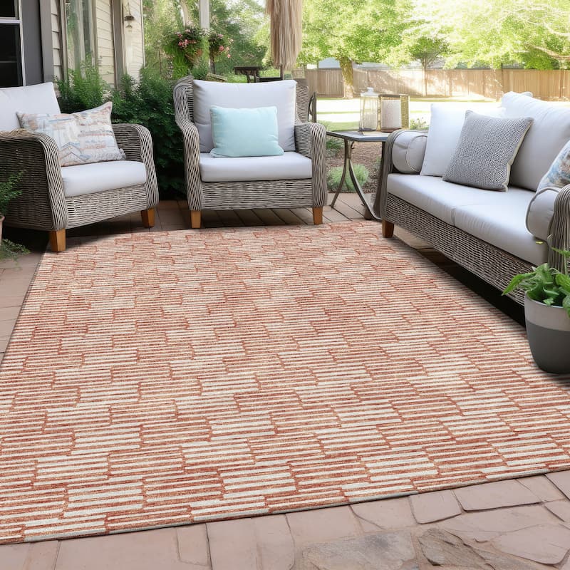 Machine Washable Indoor/ Outdoor Chantille Stripe Blocks Rug - Salmon - 10' x 14'