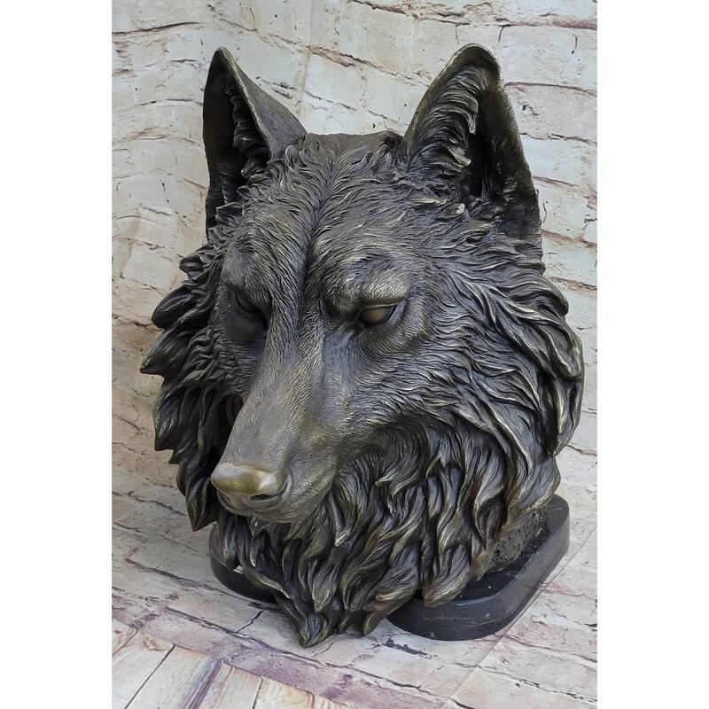 Wall Mounted Hanging Wolf Head Bust Bronze Sculpture Decor Signed Original Art