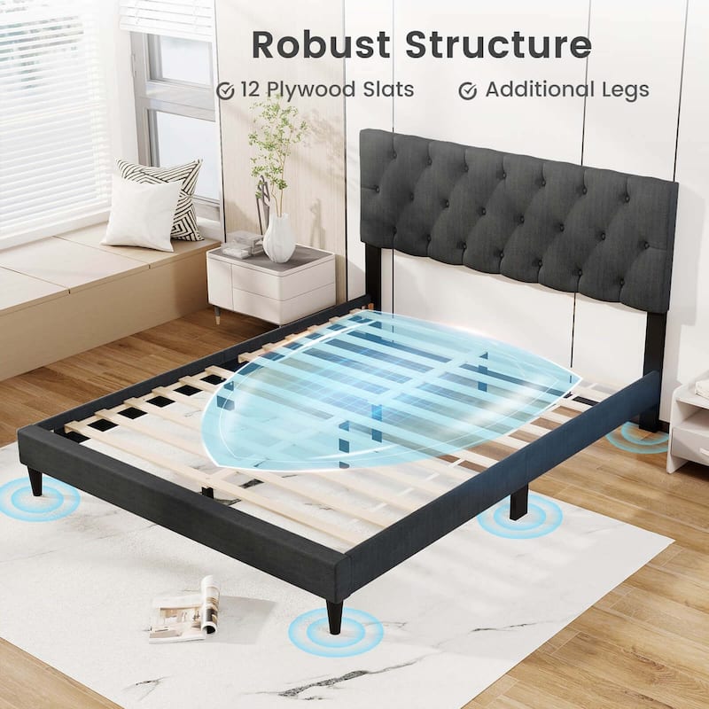 Costway Twin/Full/Queen Size Bed Frame with Button-Tufted Headboard &