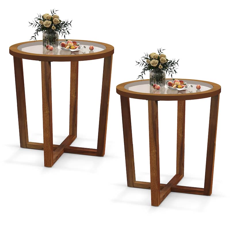 Gymax 2PCS Modern Round End Table w/ Transparent Tempered Glass Top - Brown - Glass