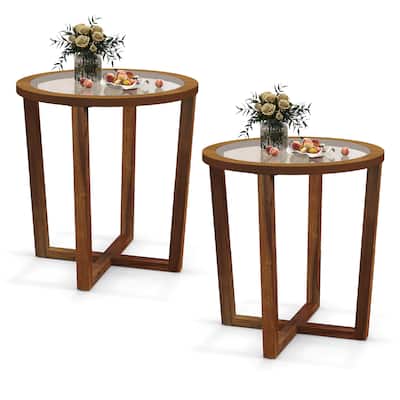 Gymax 2PCS Modern Round End Table w/ Transparent Tempered Glass Top