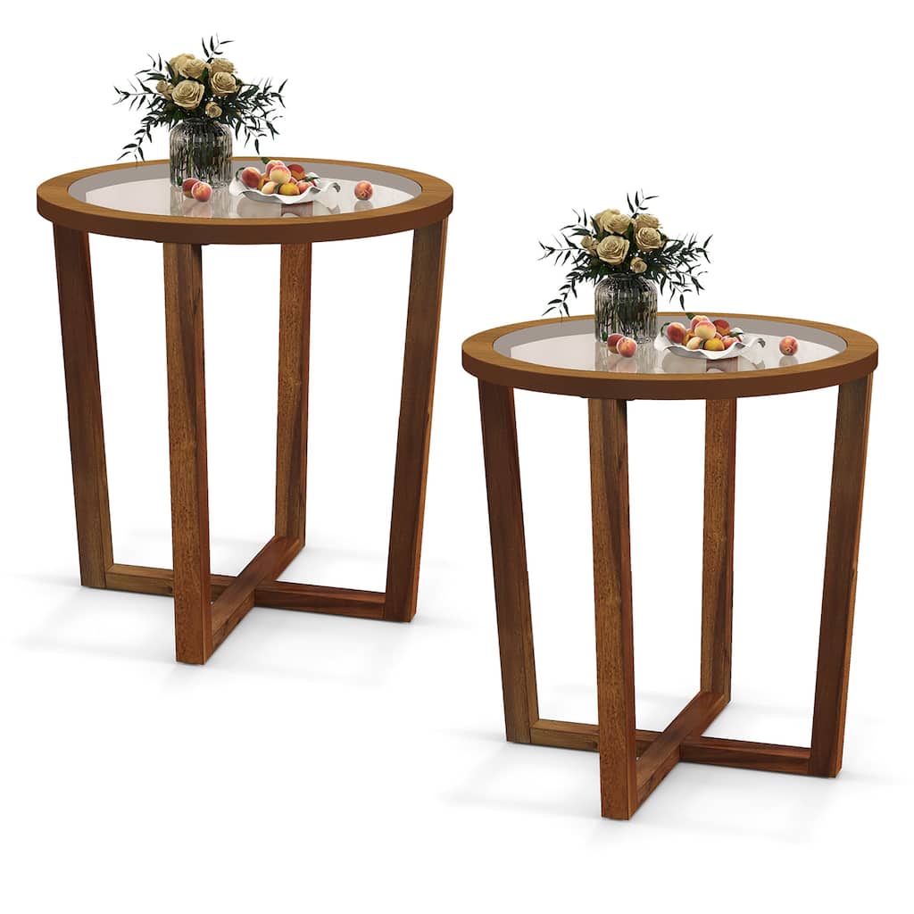 Gymax 2PCS Modern Round End Table w/ Transparent Tempered Glass Top