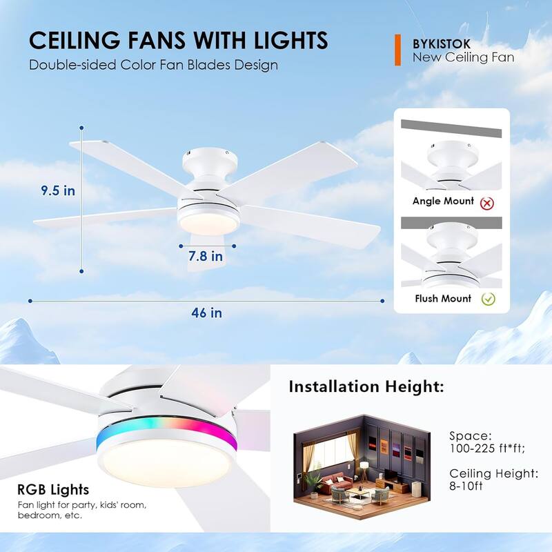 46 Inch Flush Mount Ceiling Fan with Light 5 Reversible Dual Side Blades for Bedroom,Living Room,Patio - 46 Inches