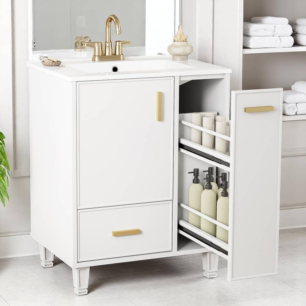 24" Freestanding Bathroom Vanity with Ceramic Sink, Door Shelf, Drawer, Pull-Out Basket, MDF and Wood Base