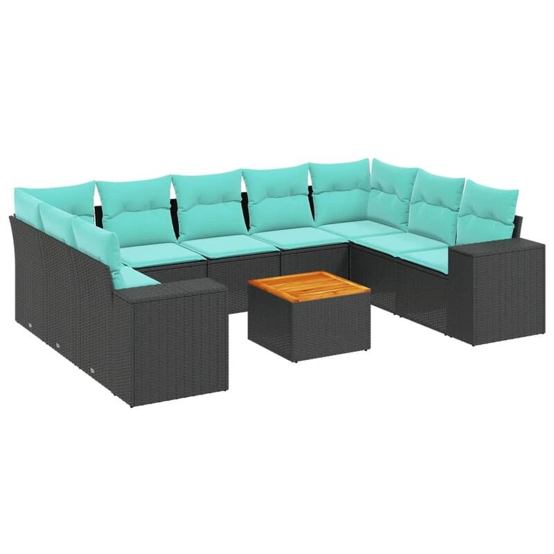 vidaXL 10 Piece Patio Sofa Set with Cushions Black Poly Rattan - 24.4 x 24.4 x 27.2
