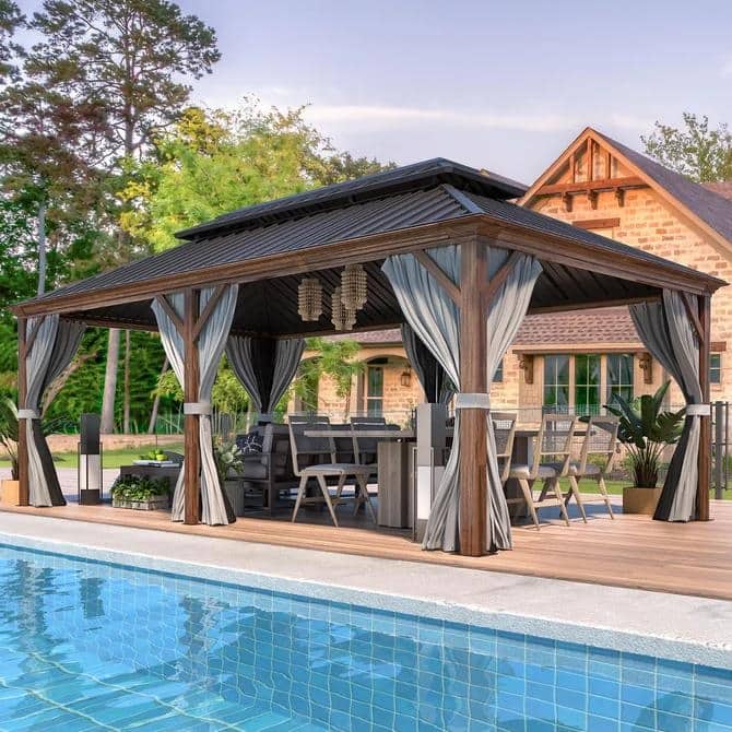 Erommy Hardtop Gazebo with Aluminum Frame and Double Roof, Permanent Outdoor Gazebo Includes Curtains&Netting for Patio Backyard - 12'x20' - Wood Grain