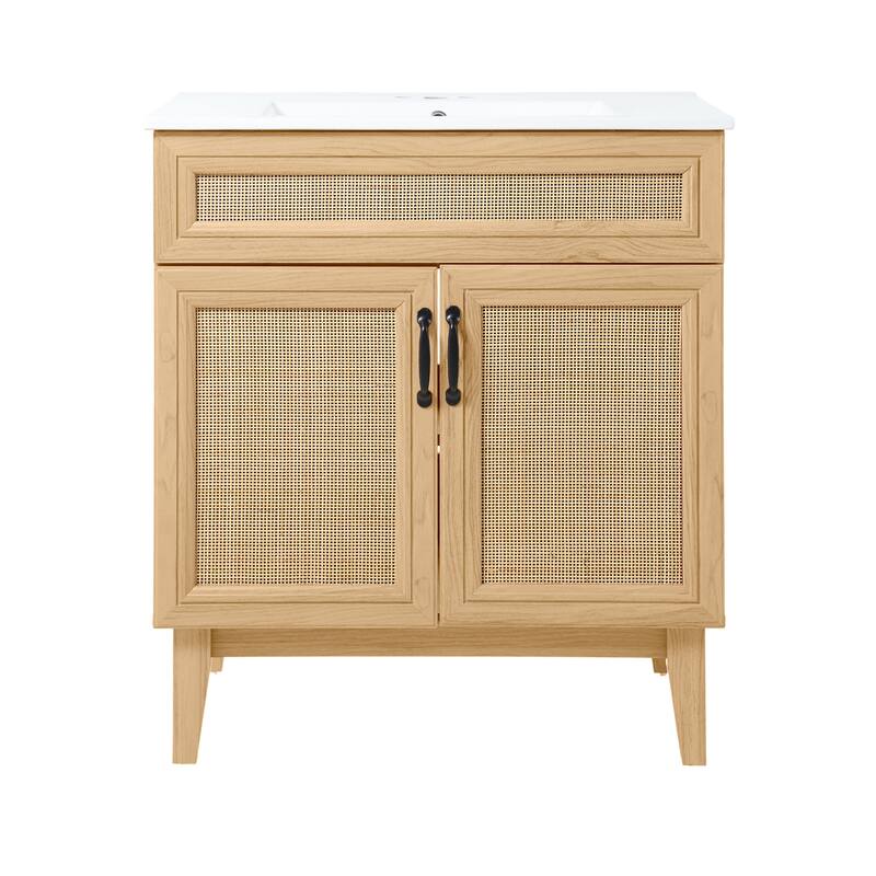 Ancillary Rattan Modern Farmhouse 2-Shelf Bath Vanity Cabinet Only (Sink Basin not Included), by JONATHAN Y - 30 in. - Oak