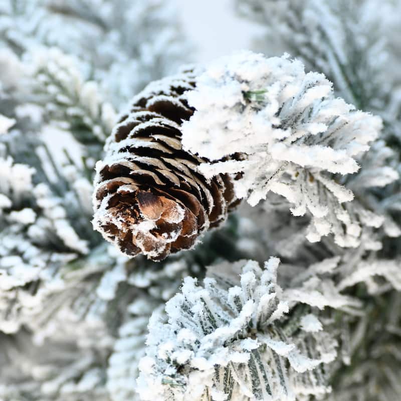 Pre-Lit Flocked Tabletop Tree - Warm White LED Lights, PE+PVC Branches, Pine Cones, Pot Base - White+Green