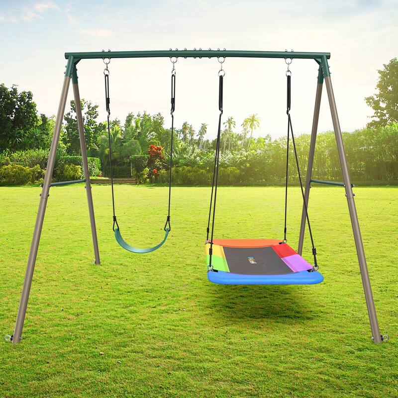 440lbs Metal Swing Sets for Backyard with 45" Platform Swing and Belt Swing ,Swingset Outdoor for Kids