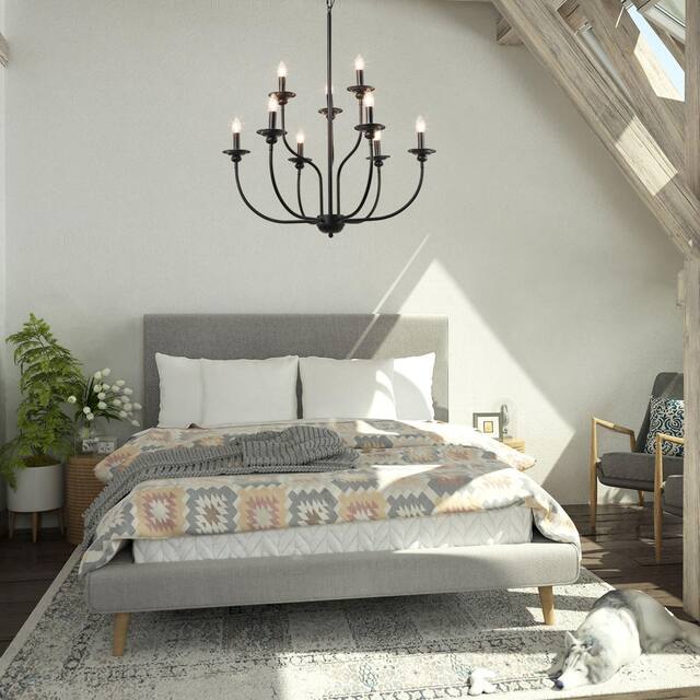 Farmhouse 9-Light 32 inch Black 2-tier Mid-Century Modern Candle Chandelier for Dining Room - D32"x H31"