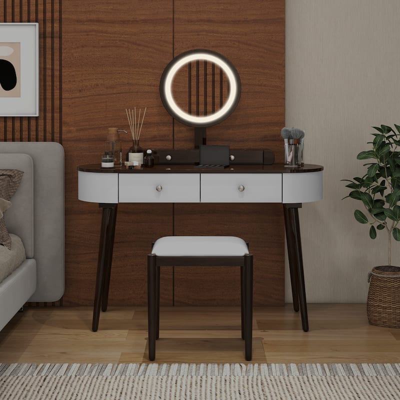 Costway Solid Wood Makeup Vanity Desk Set with LED Lighted Mirror