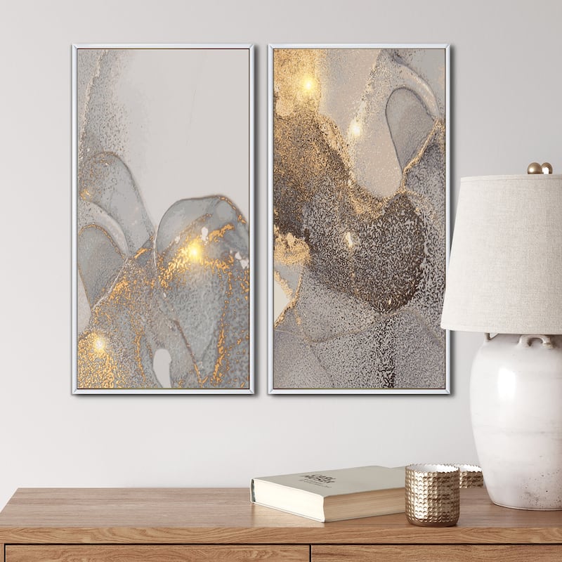 Designart "Grey & Gold Marble Liquid Art I" Abstract Framed Art Set of 2 Pieces - 32 in. Wide x 32 in. High - Panels - White