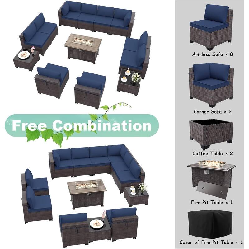 13-Pieces Wicker Patio Furniture Set, Outdoor Sectional Chairs with Firepit Table & Side Table