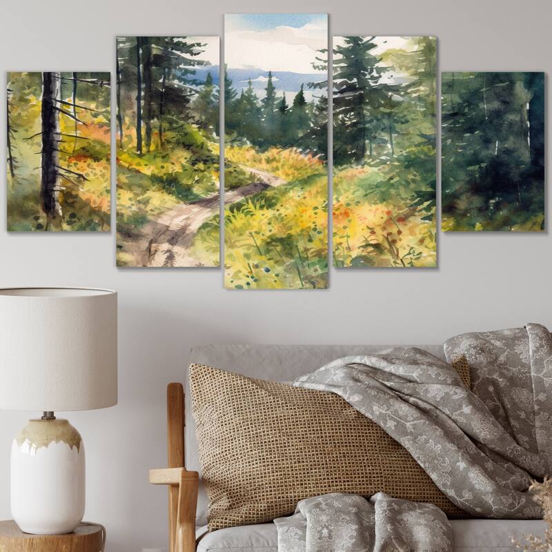 Designart "Little Road In Mountain Landscape VIII" Forest Multipanel Canvas Wall Art set - 60 In. Wide X 32 In. High - 5 Panels Diamond Shape