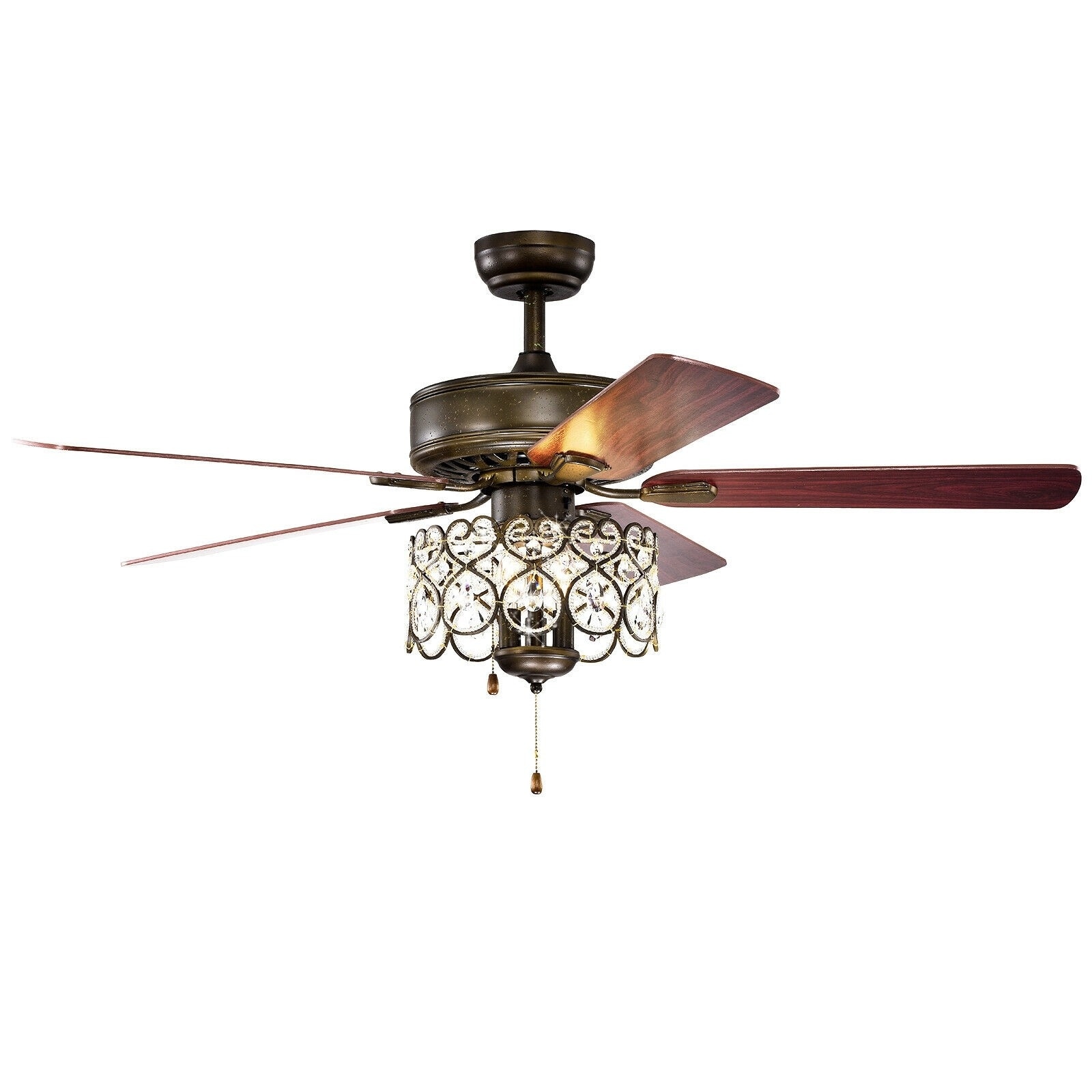 Details about   52" Retro Pull Chain Crystal Chandelier Reversible Wood Blades Ceiling Fan Light 