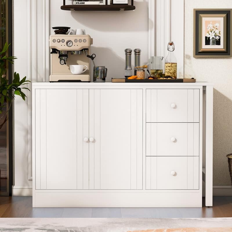 Multifunctional 89.7" Wooden Sideboard with Extendable Table and Storage for Living Room Organization - White