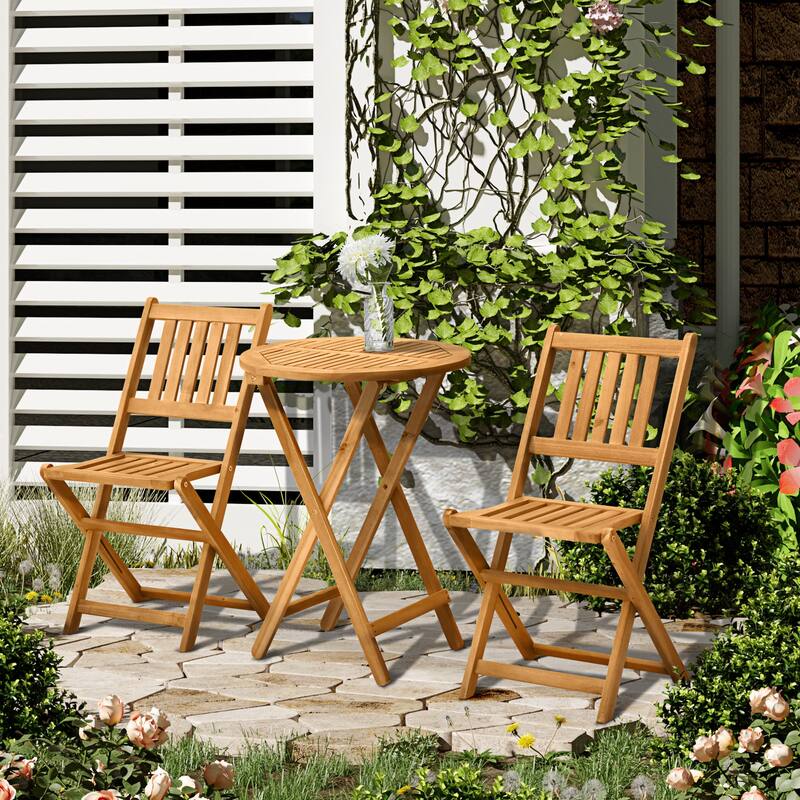 3-Piece Acacia Wood Bistro Set with 2 Folding Chairs and Coffee Table