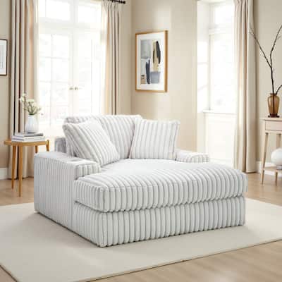 Peno Oversized Lounge Chaise, USB, Light Gray Jumbo Cord Polyester