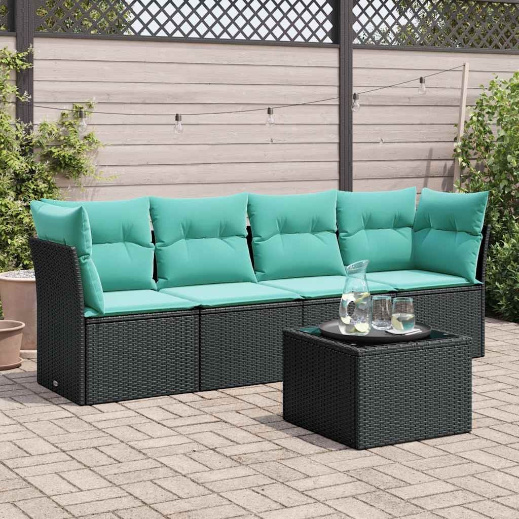 vidaXL 5 Piece Patio Sofa Set with Cushions Black Poly Rattan - 70.5x27.2x70.5